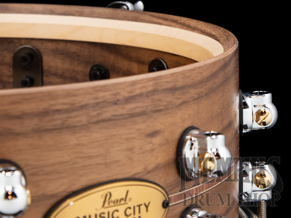 Pearl 14x5 Music City Custom Solid Walnut Snare Drum with Kingwood Center Inlay