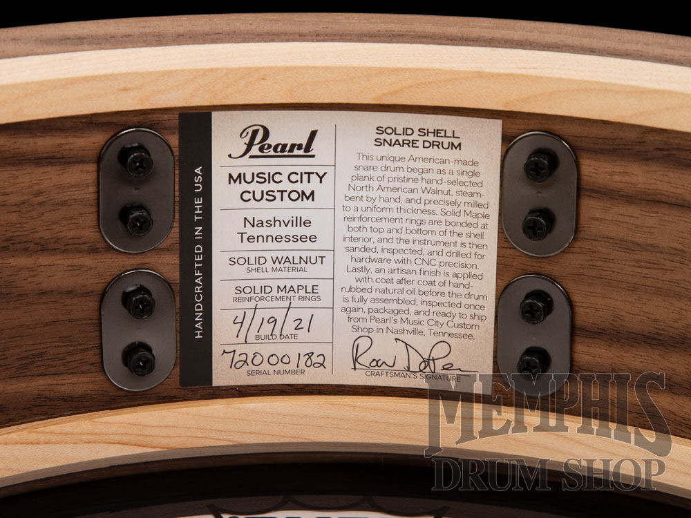 Pearl 14x5 Music City Custom Solid Walnut Snare Drum with Kingwood Center Inlay