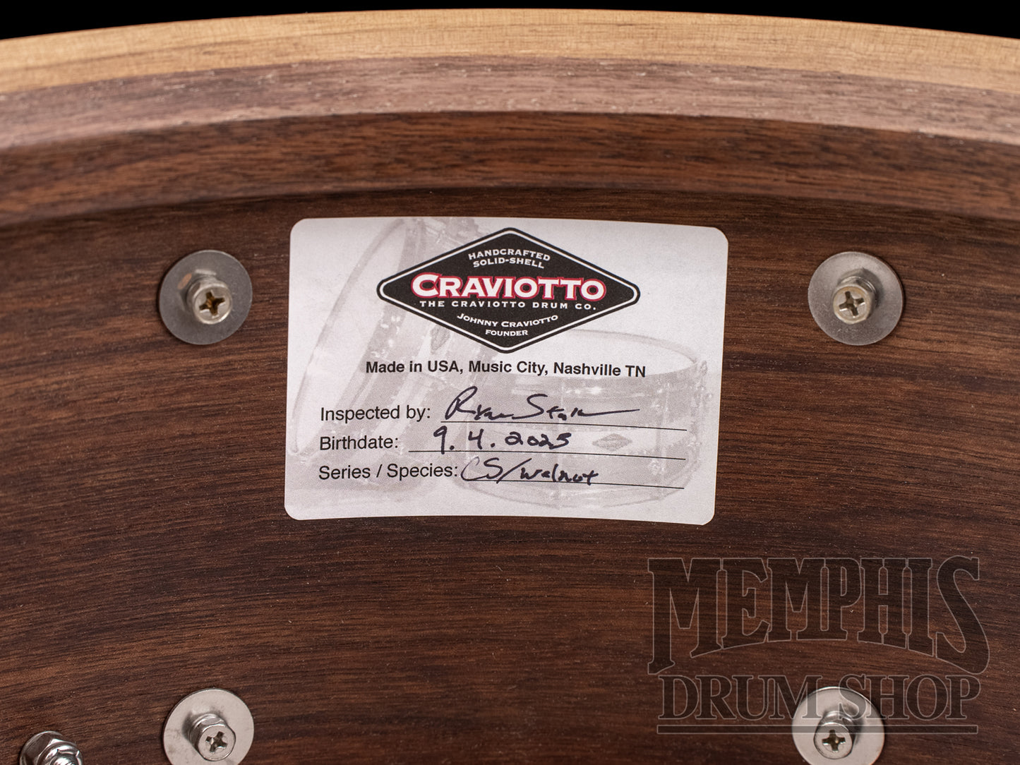 Craviotto 14x6.5 Custom Shop Walnut Snare Drum with Cherry Inlay