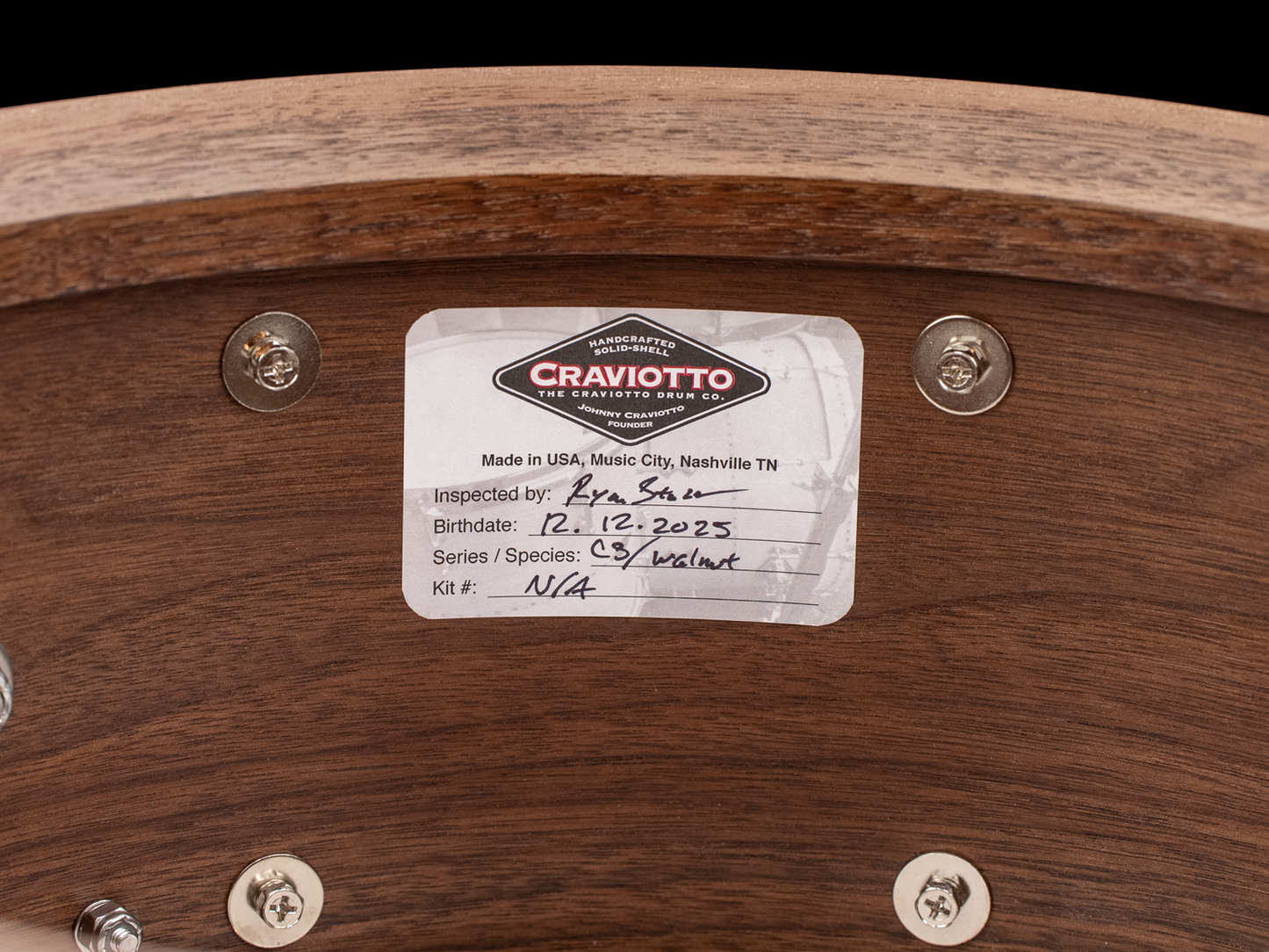 Craviotto 14x7 Custom Shop Walnut Snare Drum with Walnut Inlay