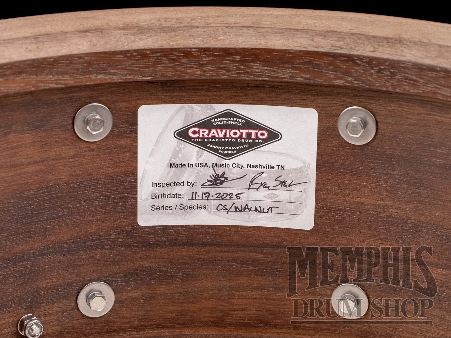 Craviotto 14x6.5 Custom Shop Walnut Snare Drum with Walnut Inlay