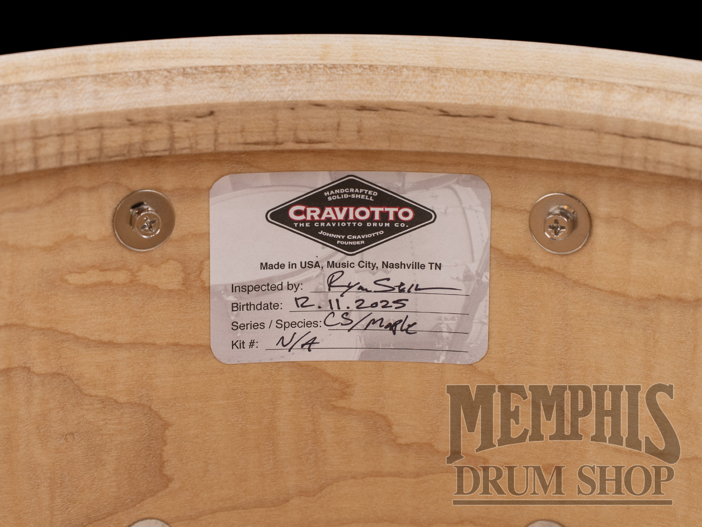 Craviotto 14x7 Custom Shop Curly Maple Snare Drum with Dual Walnut Inlay