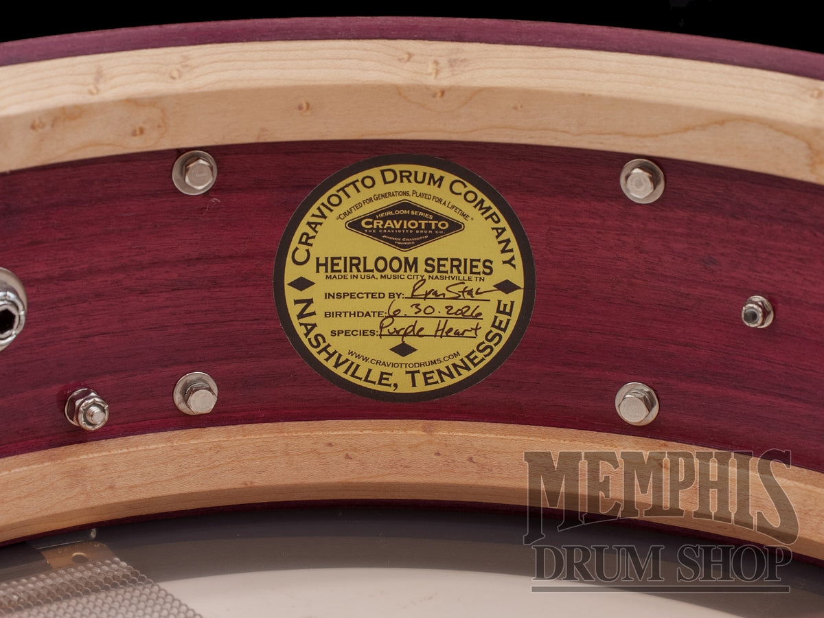Craviotto 14x5 Heirloom Series Purpleheart Snare Drum with Black Tahitian Pearl Abalone Inlay