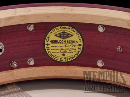 Craviotto 14x5 Heirloom Series Purpleheart Snare Drum with Black Tahitian Pearl Abalone Inlay