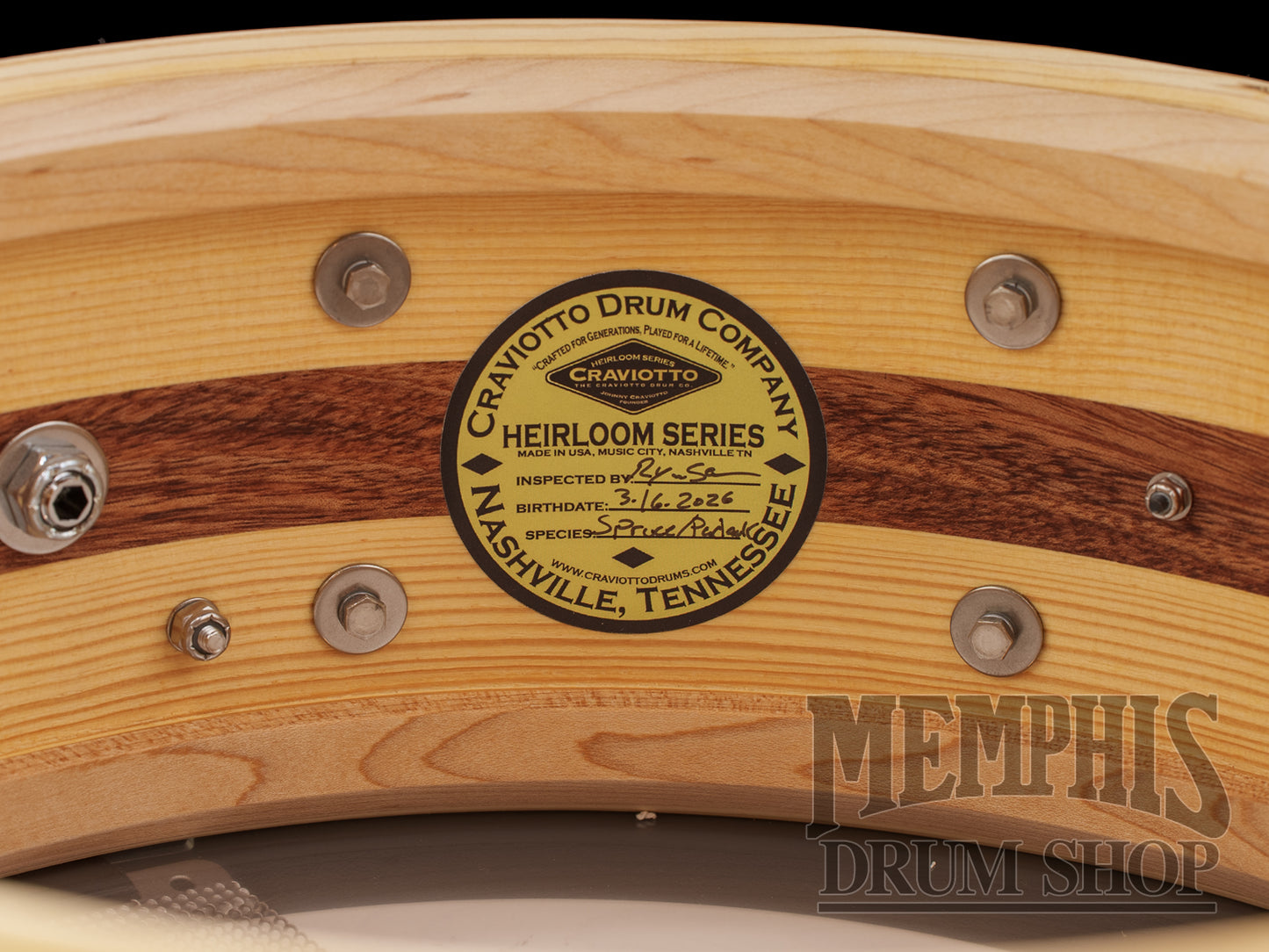 Craviotto 14x5.5 Heirloom Series Spruce/Padauk Snare Drum with Dual Maple Inlay
