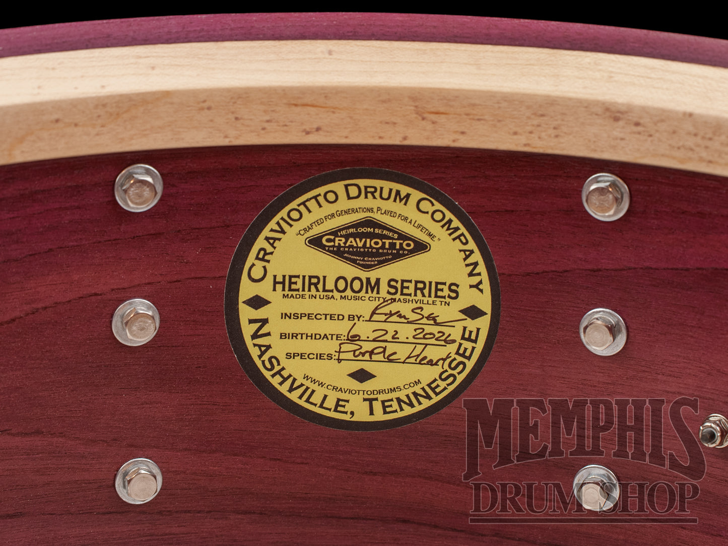 Craviotto 14x7 Heirloom Series Purpleheart Snare Drum with Black Tahitian Pearl Abalone Inlay