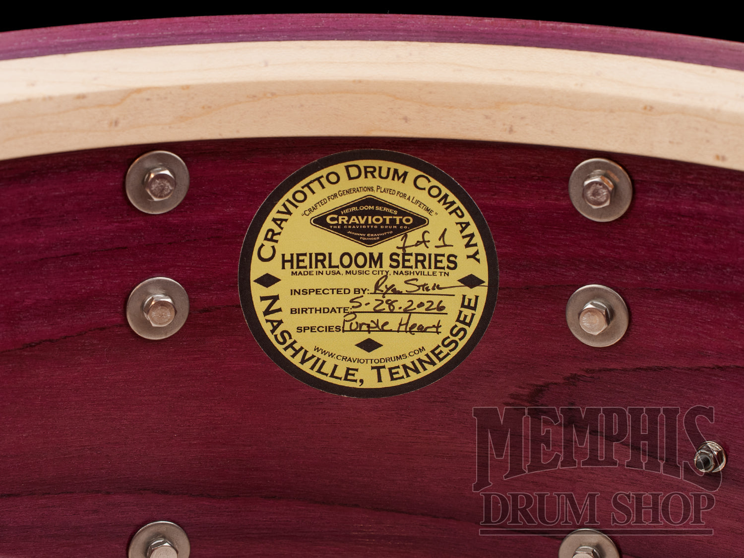 Craviotto 14x8.0 Heirloom Series Purpleheart Snare Drum with Dual