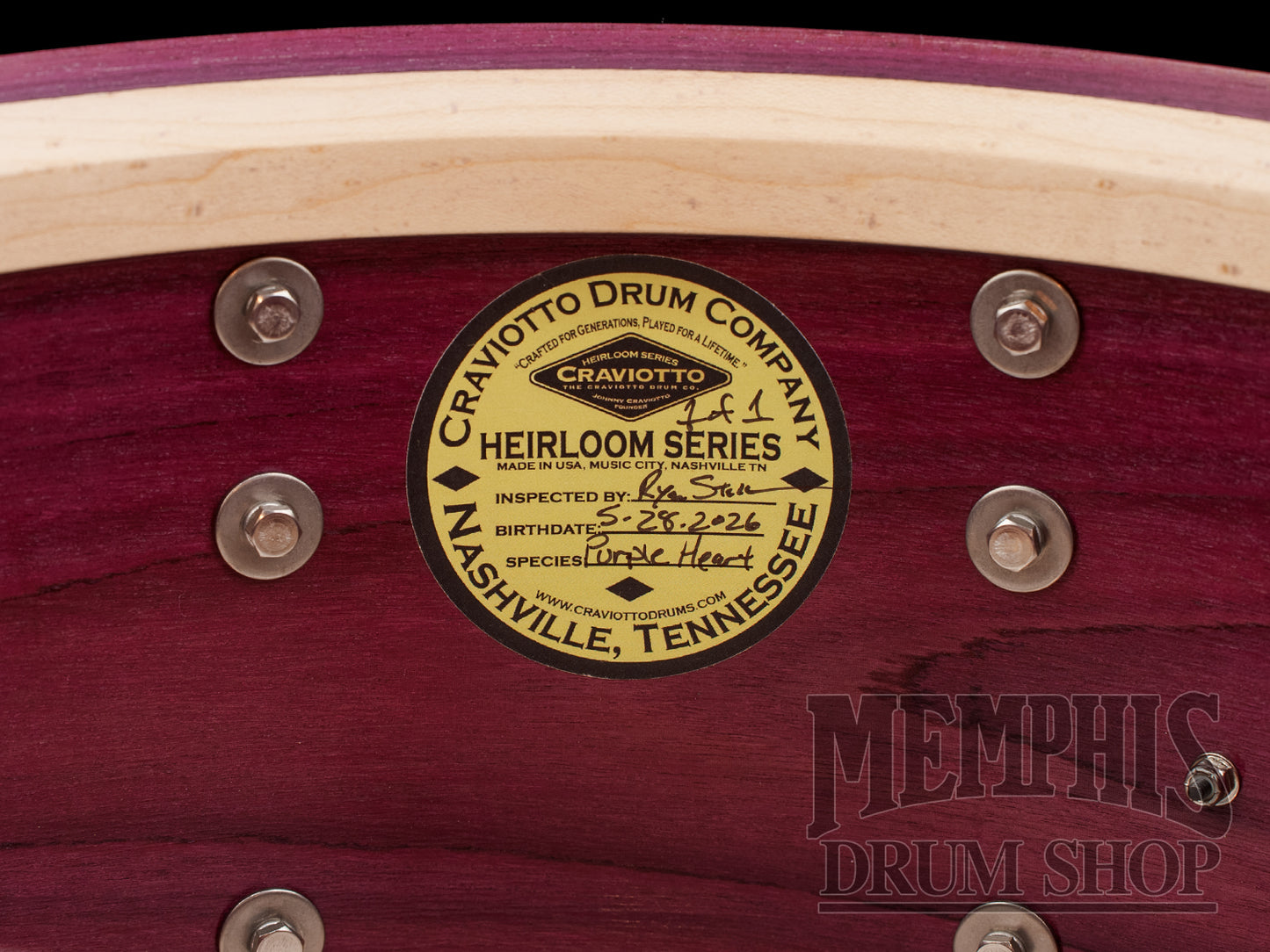 Craviotto 14x8.0 Heirloom Series Purpleheart Snare Drum with Dual Black Tahitian Pearl Abalone Inlay