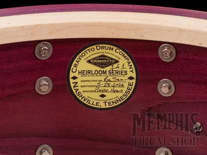 Craviotto 14x8.0 Heirloom Series Purpleheart Snare Drum with Dual Black Tahitian Pearl Abalone Inlay