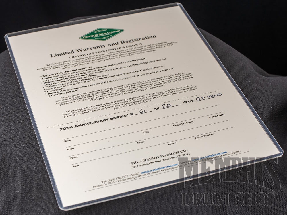 Craviotto 14x6.5 20th Anniversary Q1 Solid Black Curly Snare Drum with Die-Cast Hoops