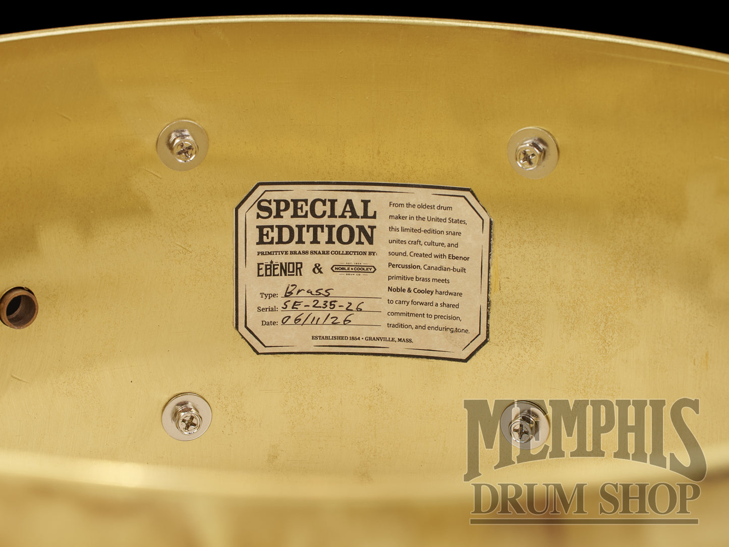 Noble & Cooley 14x6.5 Special Edition Ebenor Primitive Brass Snare Drum