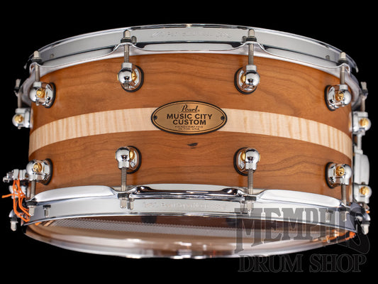 Pearl 14x6.5 Music City Custom One Of A Kind Solid Cherry Snare Drum with Ribbon Figured Maple Inlay