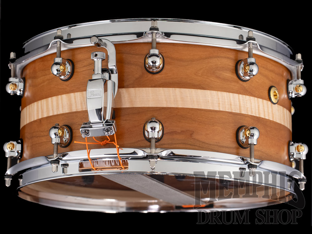 Pearl 14x6.5 Music City Custom One Of A Kind Solid Cherry Snare Drum with Ribbon Figured Maple Inlay