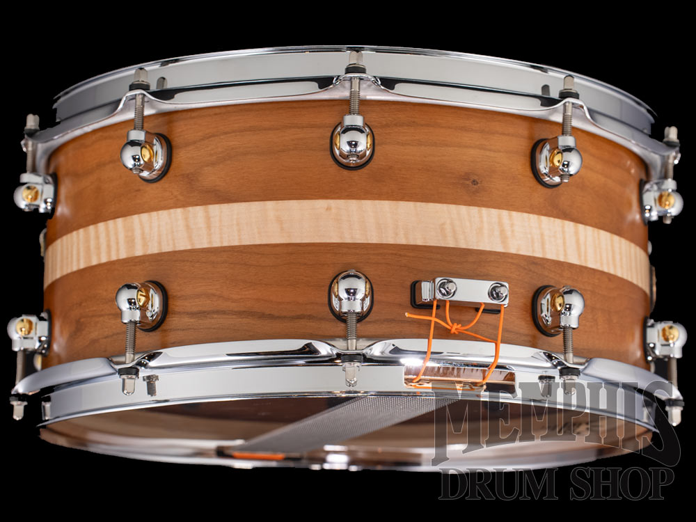 Pearl 14x6.5 Music City Custom One Of A Kind Solid Cherry Snare Drum with Ribbon Figured Maple Inlay