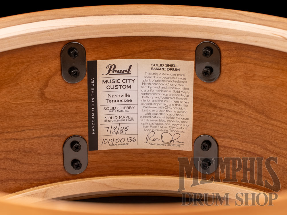 Pearl 14x6.5 Music City Custom One Of A Kind Solid Cherry Snare Drum with Ribbon Figured Maple Inlay