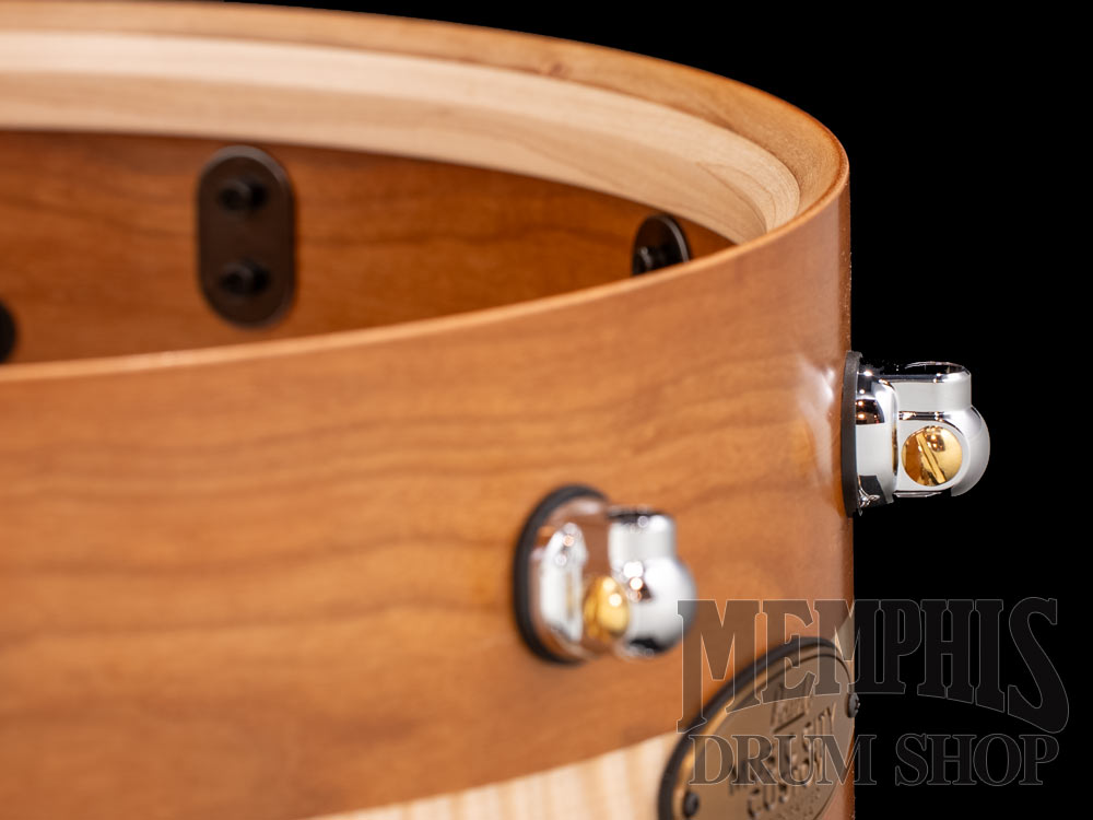 Pearl 14x6.5 Music City Custom One Of A Kind Solid Cherry Snare Drum with Ribbon Figured Maple Inlay