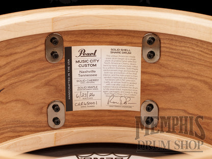 Pearl 14x6.5 Music City Custom Solid Cherry Snare Drum with Spalted Hackberry Inlay