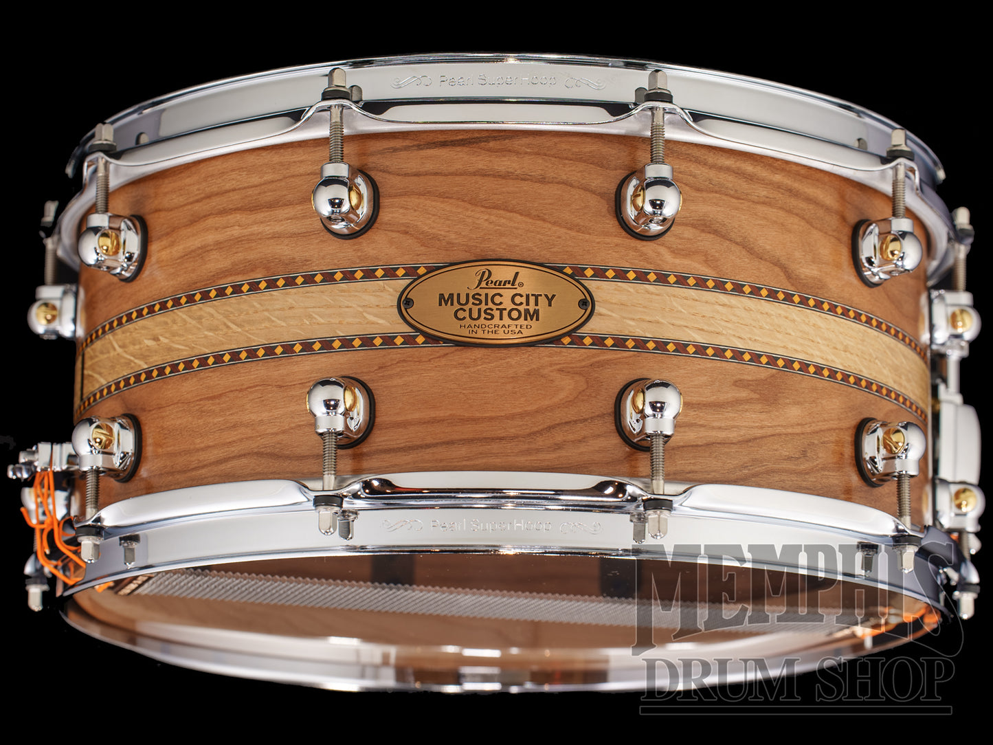 Pearl 14x6.5 Music City Custom Solid Cherry Snare Drum with a White Oak Inlay