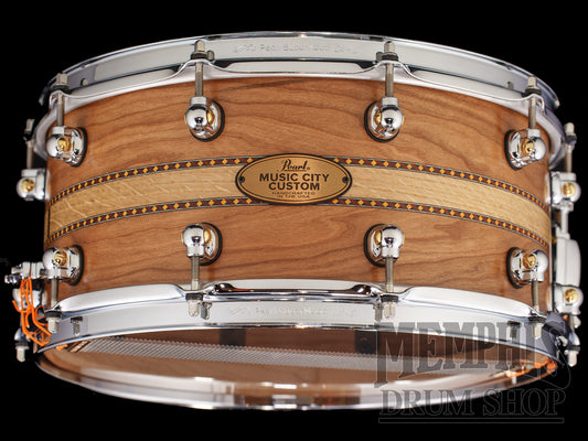 Pearl 14x6.5 Music City Custom Solid Cherry Snare Drum with a White Oak Inlay