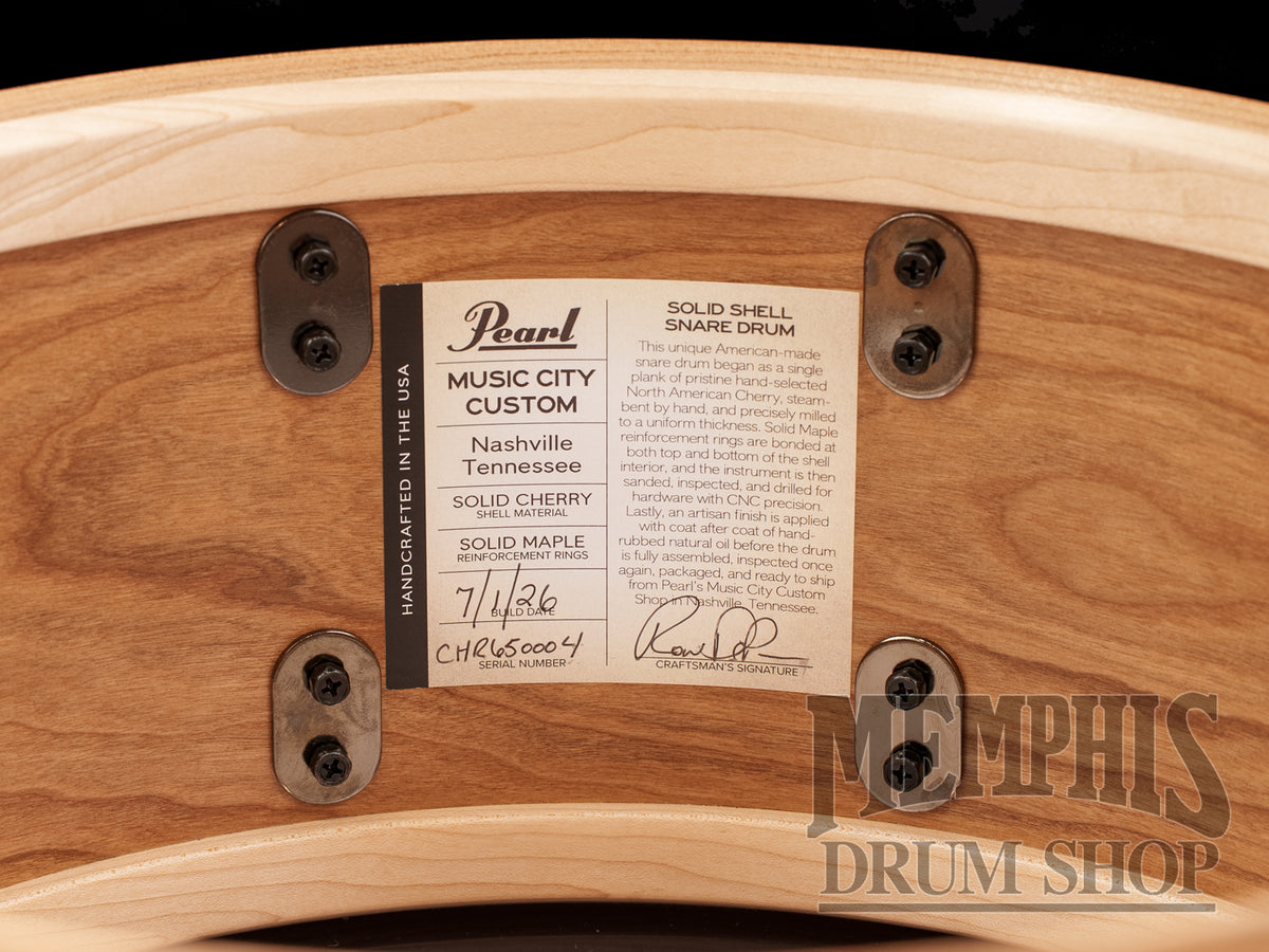 Pearl 14x6.5 Music City Custom Solid Cherry Snare Drum with a White Oak Inlay