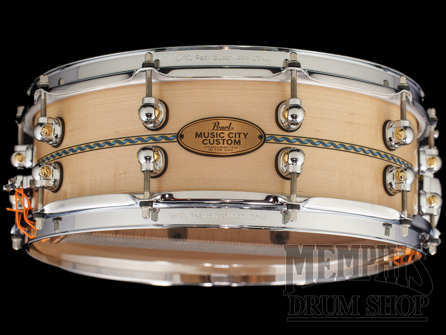 Pearl 14x5 Music City Custom Solid Maple Snare Drum with Blue Ribbon "DNA" Inlay