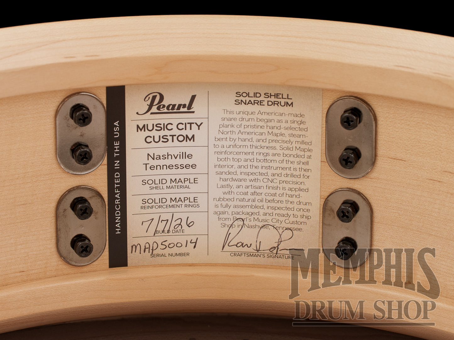 Pearl 14x5 Music City Custom Solid Maple Snare Drum with Blue Ribbon "DNA" Inlay