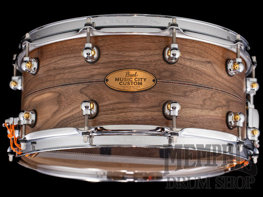 Pearl 14x6.5 Music City Custom Solid Walnut Snare Drum with Kingwood Center Inlay