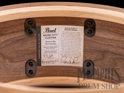 Pearl 14x6.5 Music City Custom Solid Walnut Snare Drum with Kingwood Center Inlay