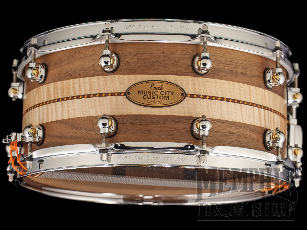 Pearl 14x6.5 Music City Custom Solid Walnut Snare Drum with Figured Maple Duo Inlay