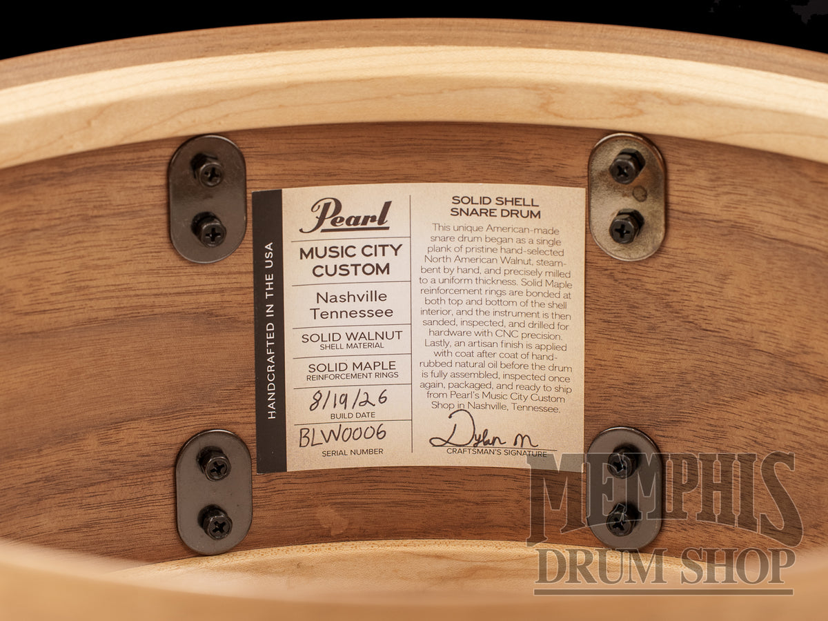 Pearl 14x6.5 Music City Custom Solid Walnut Snare Drum with Figured Maple Duo Inlay