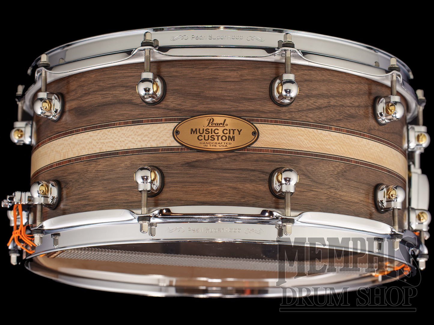 Pearl 14x6.5 Music City Custom Solid Walnut Snare Drum with Sycamore Wideband Inlay