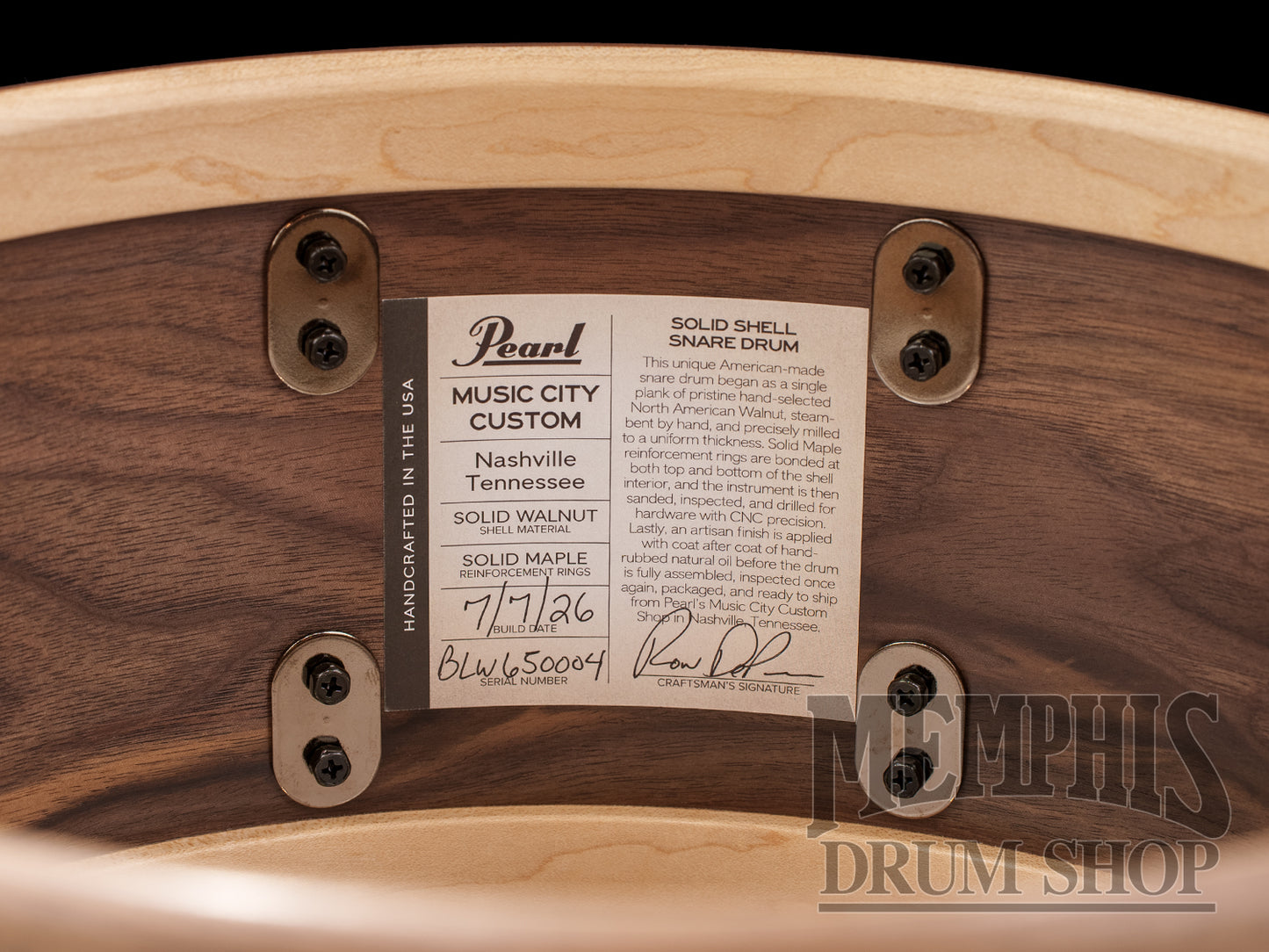Pearl 14x6.5 Music City Custom Solid Walnut Snare Drum with Sycamore Wideband Inlay
