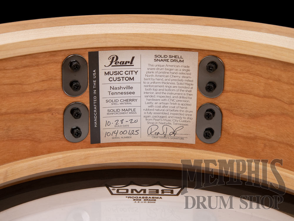 Pearl 14x5 Music City Custom Solid Cherry Snare Drum with Kingwood Center Inlay