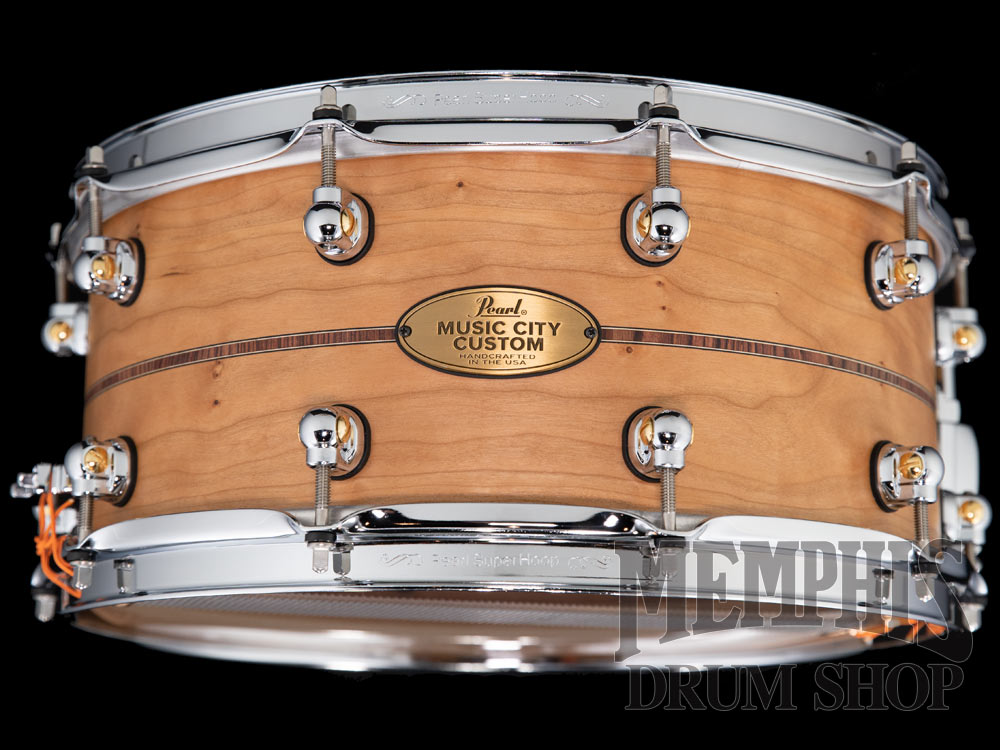 Pearl 14x6.5 Music City Custom Solid Cherry Snare Drum with Kingwood Center Inlay